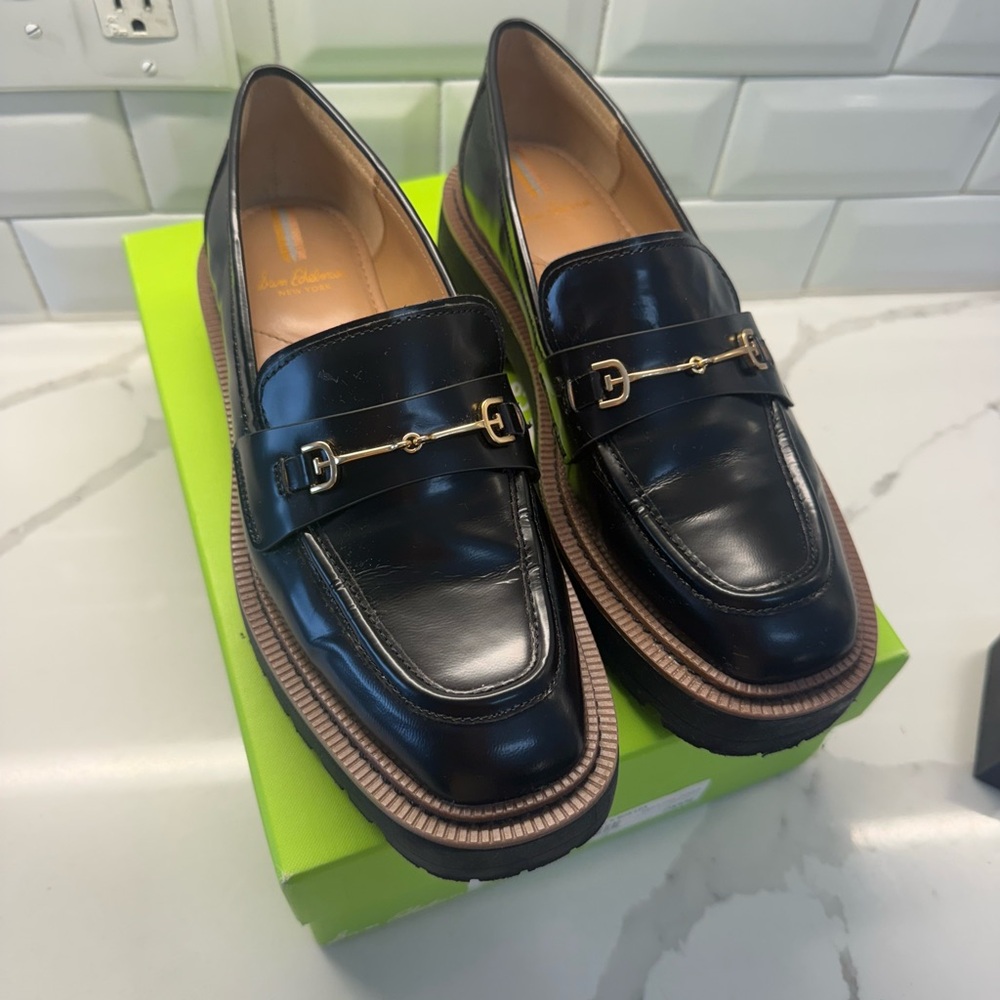 RARE Sam Edelman Black Leather Loafers with Gold Buckles